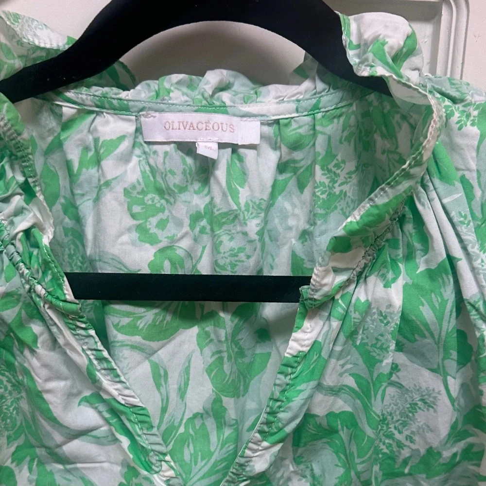 Olivaceous White and Green Floral Ruffle Sleeve Blouse - Picture 2 of 4